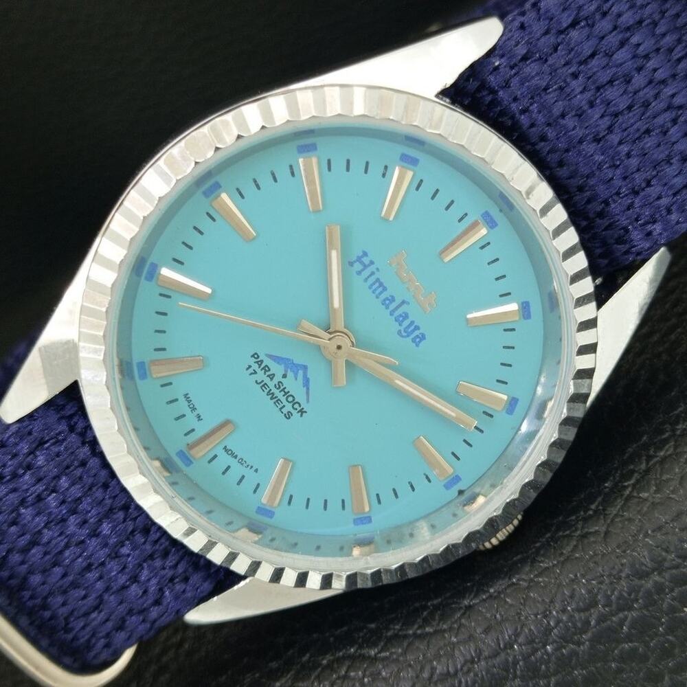 Vintage 1986 HMT Manual Wound Mens Silver Watch & Blue accents